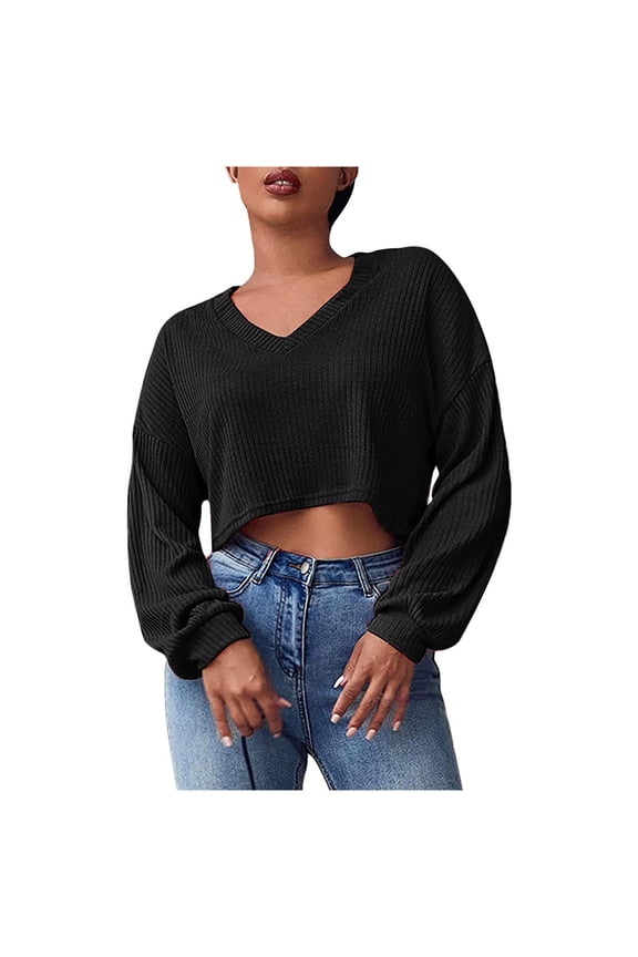 Sweaters For Women Spring And Autumn Solid Color V Neck Long Sleeve Casual Loose Navel Knitted Sweater Top 2Xl Womens Sweaters