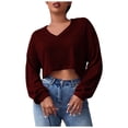 thumbnail image 1 of Sweaters For Women Spring And Autumn Solid Color V Neck Long Sleeve Casual Loose Navel Knitted Sweater Top 2Xl Womens Sweaters, 1 of 9
