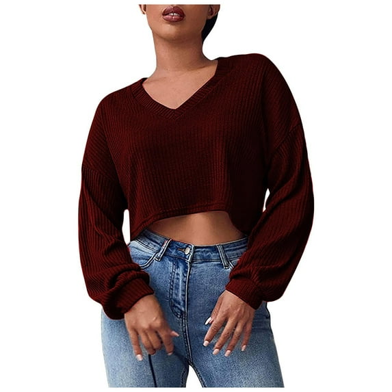Sweaters For Women Spring And Autumn Solid Color V Neck Long Sleeve Casual Loose Navel Knitted Sweater Top 2Xl Womens Sweaters