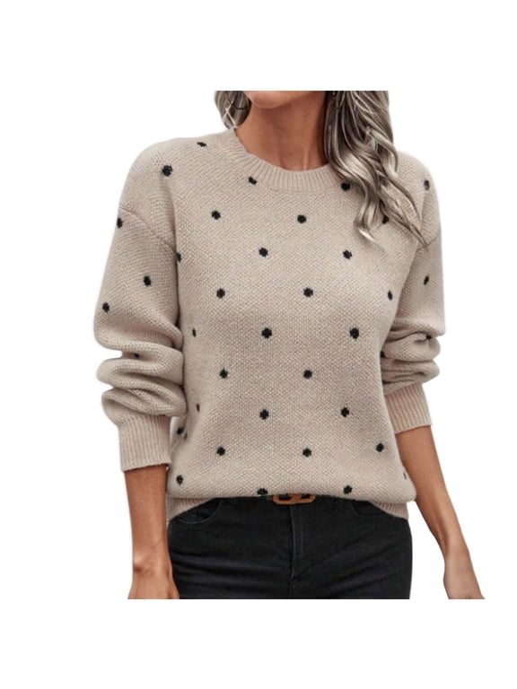 Sweaters For Women Trendy Sevevn Women's Polka Dots Sweaters Long Sleeve Fall Sweater Round Neck Knitted Tops