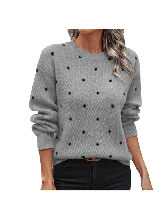 Sweaters For Women Trendy Sevevn Women's Polka Dots Sweaters Long Sleeve Fall Sweater Round Neck Knitted Tops