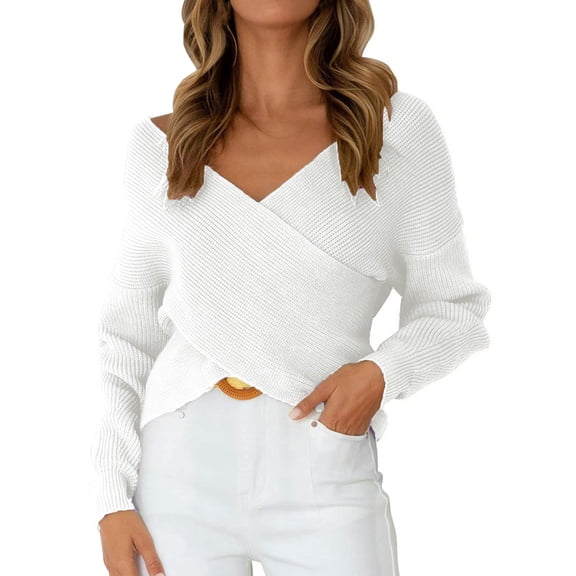 Sweaters For Women V Neck Long Sleeve Wrap Front Off Shoulder Asymmetric Hem Knitted Crop Solid Pullover One Size Womens Sweaters
