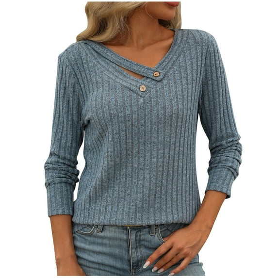 Sweaters For Women V Neck Ribbed Button Knit Long Sleeve Sweater Colid Color Casual Slouchy Loose Pullover Sweaters Tops