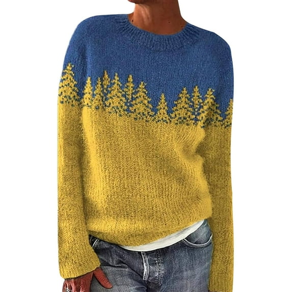 Sweaters For Women Vintage Art Print Knit Crew Neck Pullover Sweater Long Sleeve Elastic Regular Fit Top M Womens Sweaters