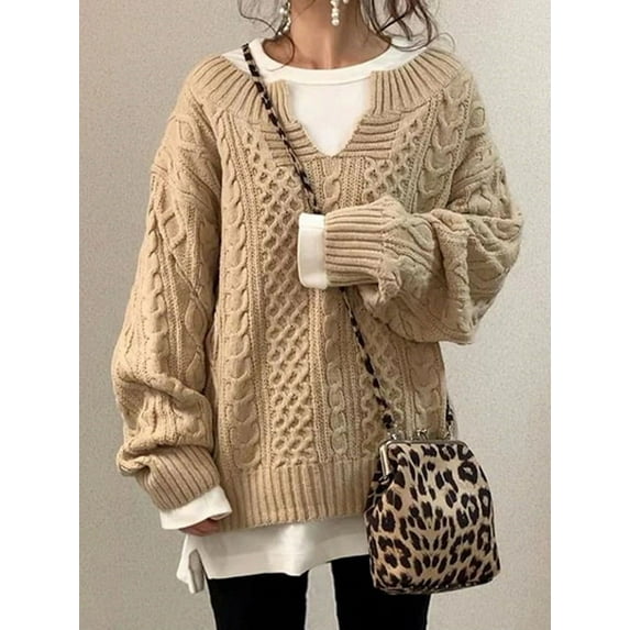 Women's Autumn and Winter Long Sleeve Solid Color High Neck Fried Dough Twist Loose Casual Sweater Pullover