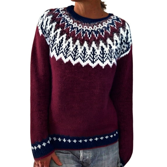 Sweaters For Women Women's Knitted Isle Print Retro Sweater Casual Loose Crewneck Long Sleeve Lightweight Cropped Pullover Tops Womens Sweaters