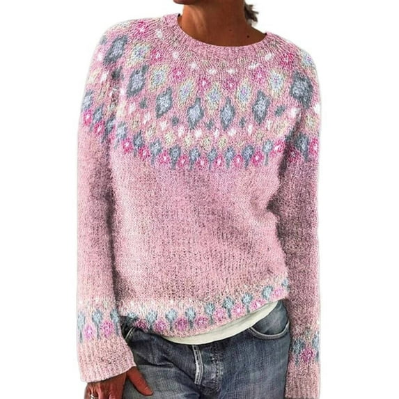 Sweaters For Women Women's Knitted Isle Print Retro Sweater Casual Loose Crewneck Long Sleeve Lightweight Cropped Pullover Tops Womens Sweaters