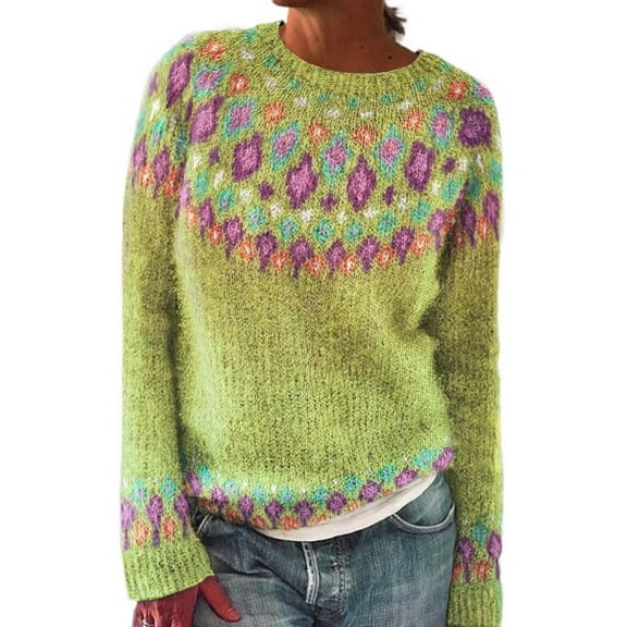 Sweaters For Women Women's Knitted Isle Print Retro Sweater Casual Loose Crewneck Long Sleeve Lightweight Cropped Pullover Tops Womens Sweaters
