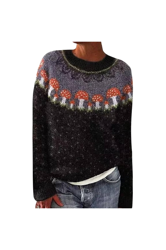 Sweaters For Women Women's Vintage Art Print Knit Crew Neck Pullover Sweater Womens Sweaters