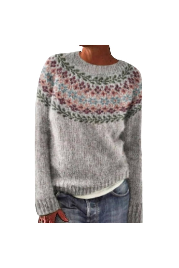 Sweaters For Women Women's Vintage Art Print Knit Crew Neck Pullover Sweater Womens Sweaters