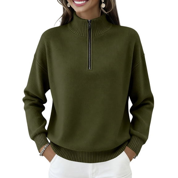 Sweaters For Women Zip Long Sleeve Loose Fit Pullover Sweater with Half Zip Design for Easy Wear and Modern Fashion,Army Green,L