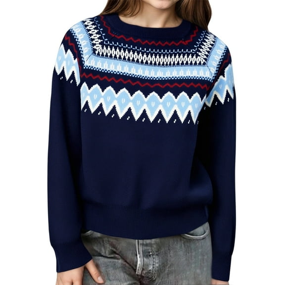 Sweaters Girls Girls Fair Isle Knit Sweaters Casual Knit Pullover Round Neck Printed Top Baby Sweater Dark Blue 4 Years
