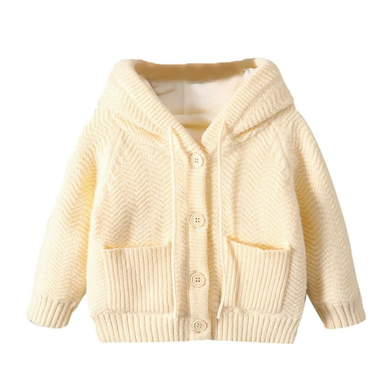 Sweaters Girls Knit Button Closure Lined Cardigan Fall Winter Long Sleeve Hooded Jacket for Baby Toddler Warm Thick Knitting Cotton Pullover(Khaki,80 12 Months)