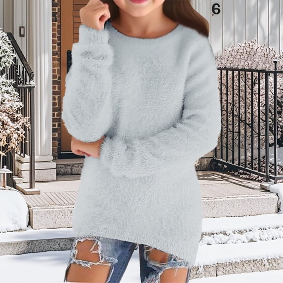 Sweaters Girls Long Sleeve Gray Crewneck Pullover Casual Sport Sweaters Womens Winter Sweaters 15-16 Years