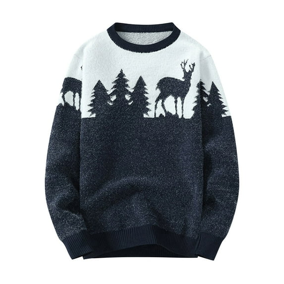 Sweaters for Men - Autumn Winter Knitted Pullover Casual Warm Christmas Elk Pattern Sweater Jacket, Festive Daily Wear, Soft Knit Fabric, Cozy Outerwear, Men's Clothing