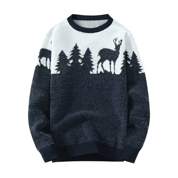 Sweaters for Men - Autumn Winter Knitted Pullover Casual Warm Christmas Elk Pattern Sweater Jacket, Festive Daily Wear, Soft Knit Fabric, Cozy Outerwear, Men's Clothing