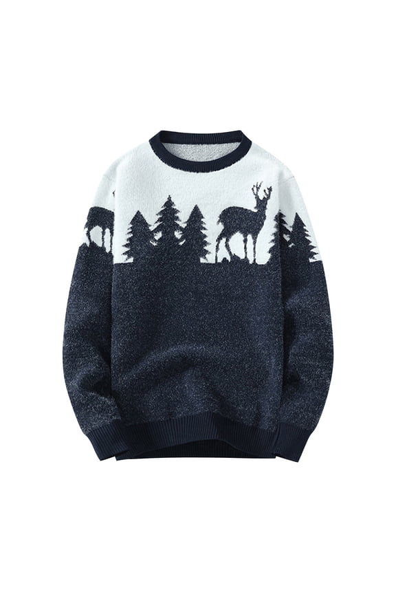 Sweaters for Men - Autumn Winter Knitted Pullover Casual Warm Christmas Elk Pattern Sweater Jacket, Festive Daily Wear, Soft Knit Fabric, Cozy Outerwear, Men's Clothing