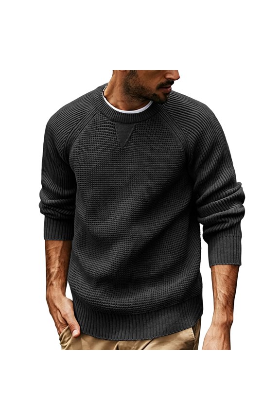 Sweaters For Men Casual Loose Fit Long Sleeve Pullover Sweater With Raglan Sleeves Ribbed Cuffs And Hem Crew Neck Waffle Knit Sweater For Daily Wear And Casual Occasions S Dark Gray
