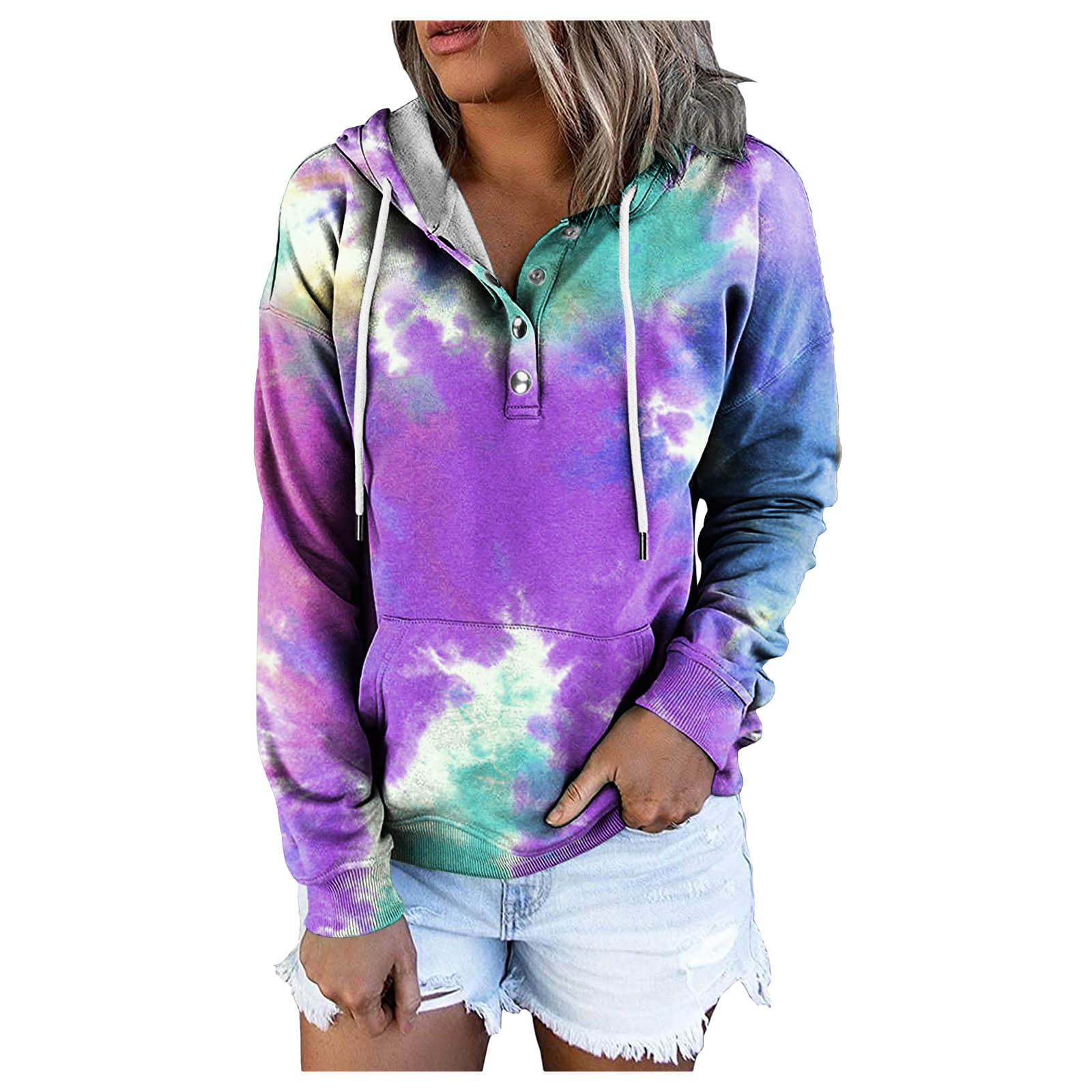 Sweaters Petite Women Women s Button Drawstring Pocket Casual Long Sleeve Tie dye Gradient Print Hoodie Sweatshirt Womens Small Sweatshirt Hoodie Walmart