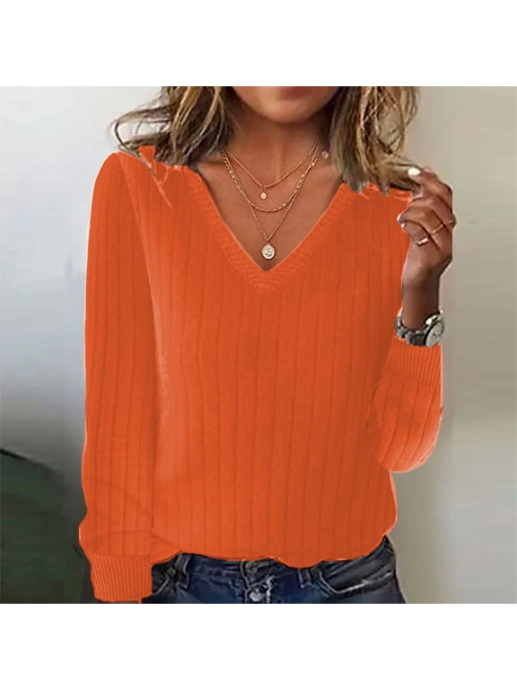 Sweaters for Women 2025 Fall - Long Sleeve V Neck Loose Knit, Lightweight Pullover Blouses with Breathable Fabric, Business Casual for Cool Office Days