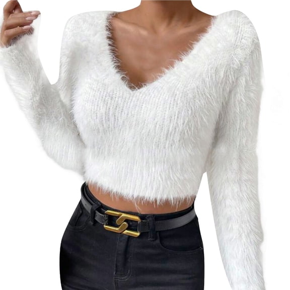 Sweaters For Women Autumn And Winter New Solid Color V Neck Slim Fit Versatile Plush Short Sweater Acrylic Fibe Blending Coats Outerwear Coats 1 Pc White M Winter Coats For Women