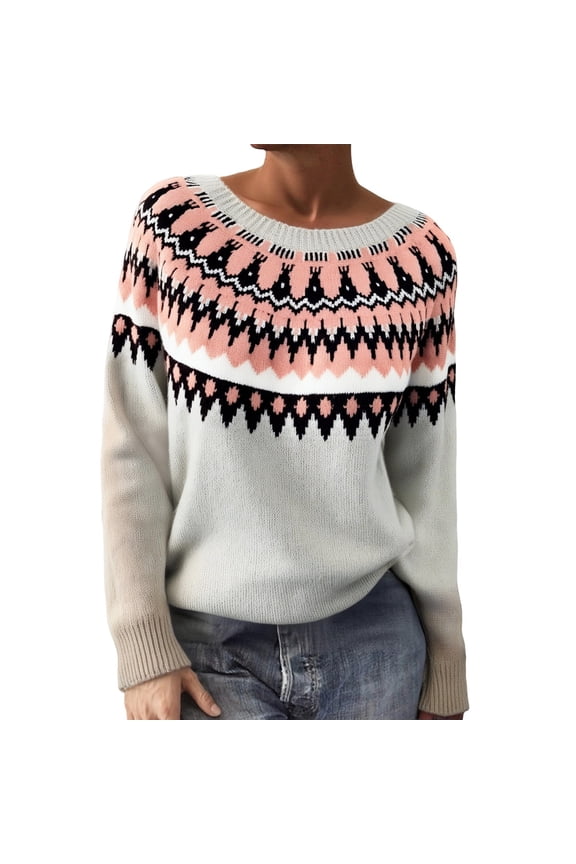 Sweaters for Women Casual Long Sleeve Crew Neck Fair Isle Knit Pullover Sweater Winter Loose Tunic Vintage Graphic Soft Fall Sweaters for Women 2025 Watermelon Red L