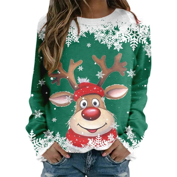 Sweaters for Women Christmas Color Shirt Teen Girls Long Sleeve Comfort Color Sweatshirts Women Crewneck Sweatshirt Cute Reindeer athletic Full Zip Hoodie Women Graphic Xmas Shirts