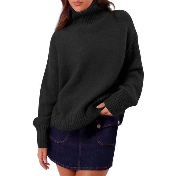 Sweaters for Women Chunky Sweater Women Turtle Neck Sweater for Women Womens Turtleneck Long Sleeve Sweater Fall Trendy Loose Fit Casual Tops Chunky Knit Pullover Sweaters, Black-M