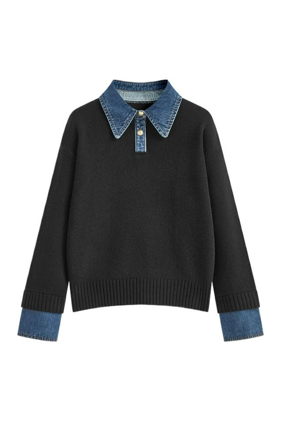 Sweaters for Women Fall Outfits for Women Women's Pullover Sweater Casual Loose Knit Top Collar Denim Trim Elegant Versatile Shirt Style Comfortable Soft Yarn