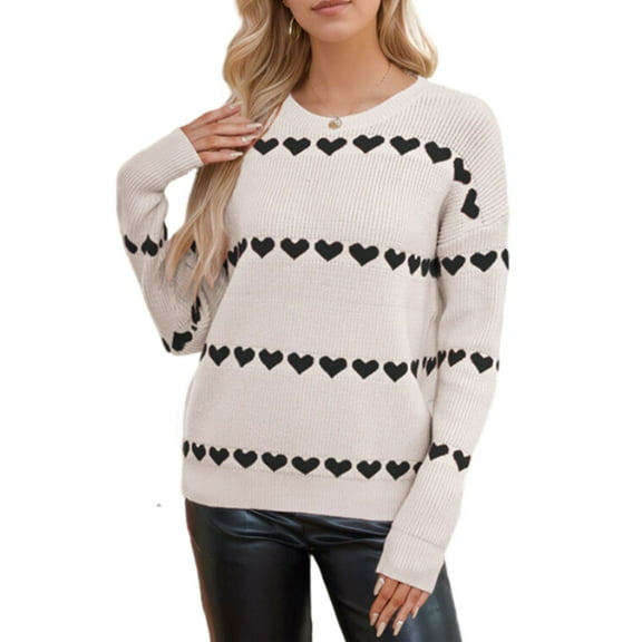 Sweaters for Women Heart Print Striped Color Block Crewneck Sweaters Valentine's Day Pullover Sweaters Casual Fall Winter Long Sleeve Knitted Sweaters Alsol Lamesa