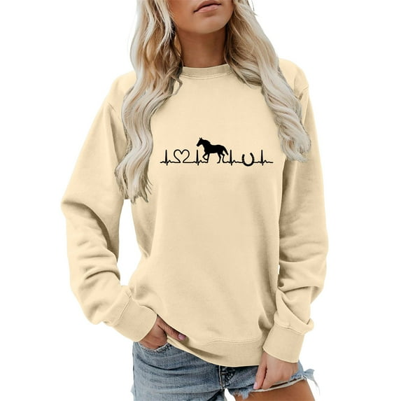 Sweaters For Women Horse Heartbeat Graphic Hoodless Sweatshirt Long Sleeve Crew Neck Pullover Tops Soft Breathable Fabric For Horse Lover Casual Daily Wear L Womens Sweaters