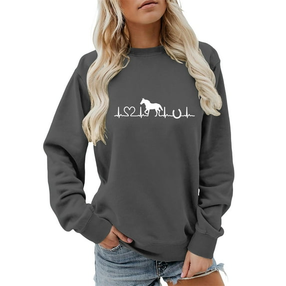 Sweaters For Women Horse Heartbeat Graphic Hoodless Sweatshirt Long Sleeve Crew Neck Pullover Tops Soft Breathable Fabric For Horse Lover Casual Daily Wear Xl Womens Sweaters