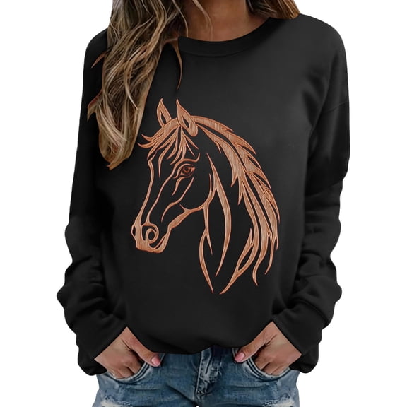 Sweaters For Women Horse Print Hoodless Sweatshirt Riding Horse Lover Long Sleeve Crew Neck Pullover Tops Casual Loose Shirts Warm Soft For Fall And Winter M Womens Sweaters