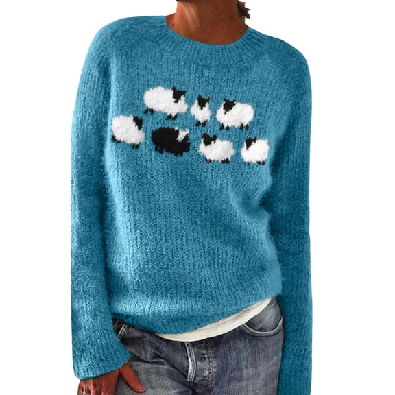 Sweaters For Women Knitted Isle Print Retro Casual Loose Crewneck Long Sleeve Lightweight Cropped Pullover Sweater Skin-Friendly Warm 4Xl Womens Sweaters
