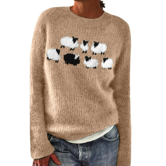 Sweaters For Women Knitted Isle Print Retro Casual Loose Crewneck Long Sleeve Lightweight Cropped Pullover Sweater Skin-Friendly Warm M Womens Sweaters