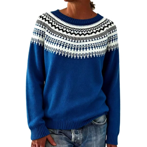 Sweaters For Women Knitted Isle Print Retro Casual Loose Crewneck Long Sleeve Lightweight Cropped Pullover Sweater Soft Comfy Knit Fabric 4Xl Womens Sweaters