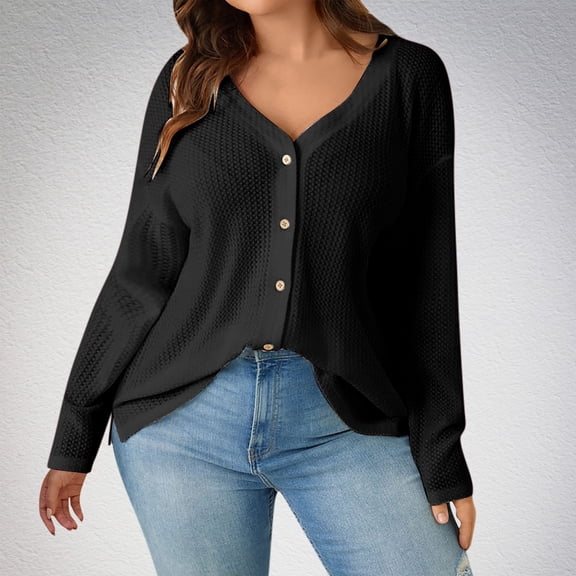 Sweaters for Women Long Sleeve Open Front Button Cable Knit Pockets Cardigans Ndbuld Women's Large Size Loose Casual Color Stitching Long Sleeve Round Neck Top Black XL
