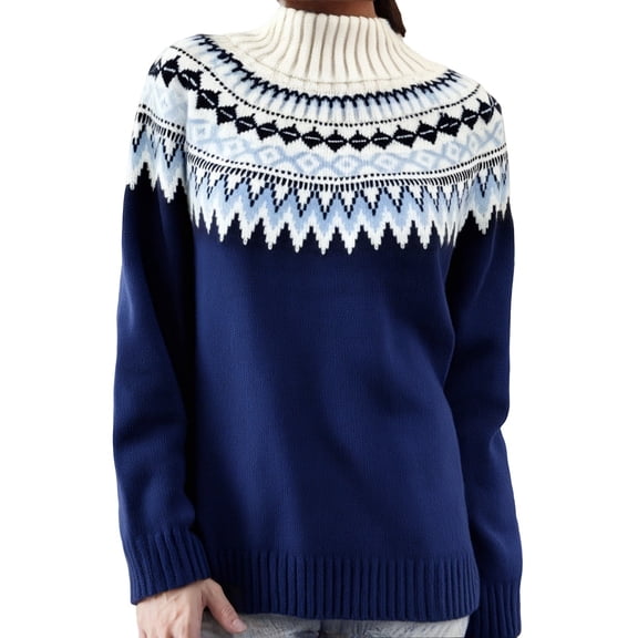Sweaters for Women Oversized Long Sleeve Turtleneck Fair Isle Knit Pullover Sweater Winter Casual Loose Tunic Vintage Graphic Fall Sweaters for Women Dark Blue XXXL