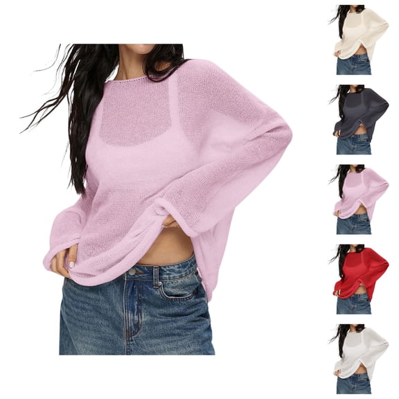 Sweaters for Women Pullover Cropped Casual Y2K Knit Trendy Concert School Outfit Women Oversized Long Sleeve Sheer Mesh Knit Sweater Tops Summer Loose Hollow Out Pullover Shirt Beach