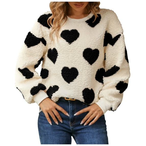 Sweaters For Women R-neck Striped Cute Color Block Fall Winter Knitted Pullover Tops with Heart Print, Loose Fit Comfortable Long Sleeve Sweater for Casual Wear,Black,L