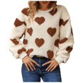 thumbnail image 1 of Sweaters For Women R-neck Striped Cute Color Block Fall Winter Knitted Pullover Tops with Heart Print, Loose Fit Comfortable Long Sleeve Sweater for Casual Wear,Khaki,XL, 1 of 4