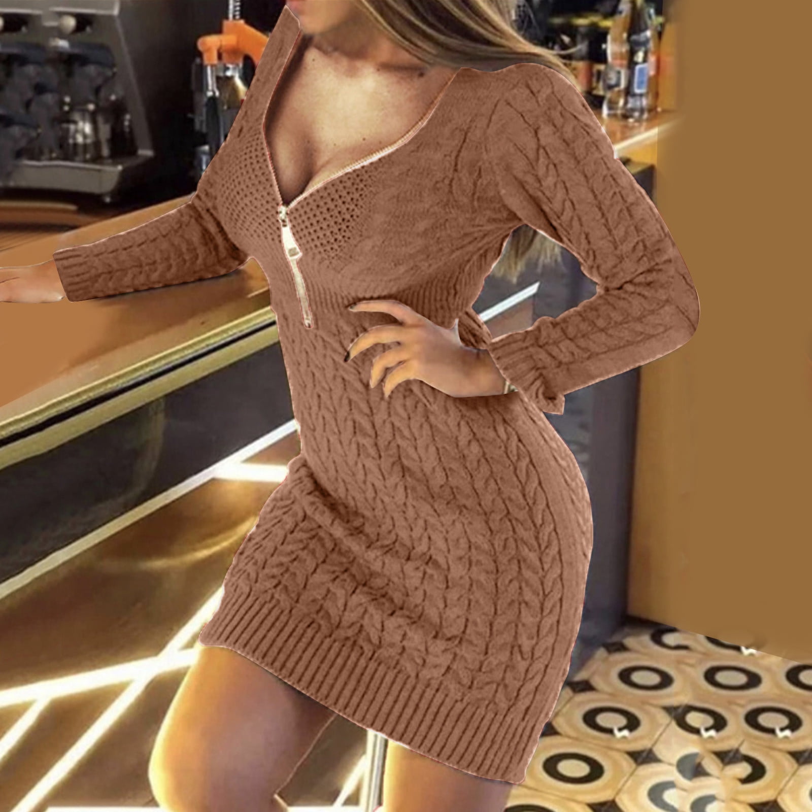 GLOSTORY Women's Long Sleeve Slim Fit Bodycon Pullover Sweater Dress - Knee Length Knitted Stretch Dress (Grey)