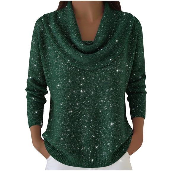 Sweaters For Women Sequin Lapel Sweater Shiny Elegant Casual Knit Pullover Soft Draped Cowl Collar Ribbed Edges Fall Winter Fashion Top M Womens Sweaters