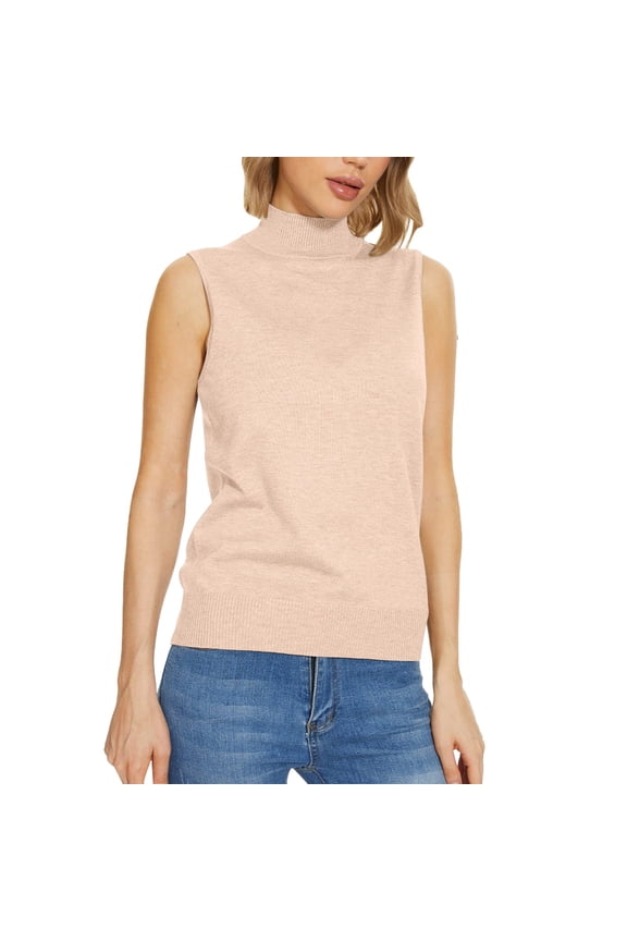 Sweaters For Women Sleeveless Mock Neck Knit Turtleneck Soft Basic Vest Tank Lightweight Sweater Polyester Beige Size S-2Xl Oversized Sweaters For Women