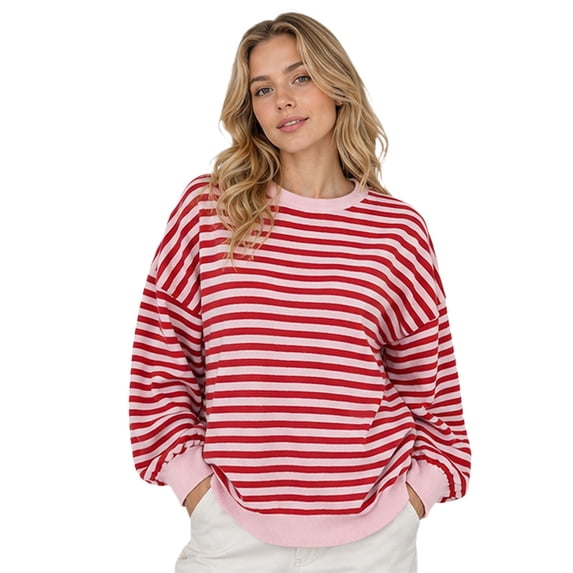 Sweaters Women Stripe Open Back Contrast Color Loose Long Sleeve Tops Fall Winter Knit Blouse Daily Wear