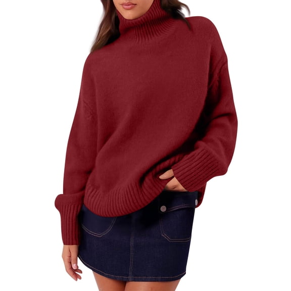 Sweaters for Women Turtleneck Sweater Women Chunky Sweater Women Womens Turtleneck Long Sleeve Sweater Fall Trendy Loose Fit Casual Tops Chunky Knit Pullover Sweaters, Red-M