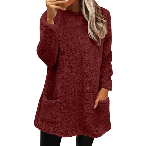 Sweaters For Women Winter Warm Sweater Coat Fleece Thickening Plus Size Loose Jacket With Pockets Polyester Red Size S-3Xl Oversized Sweaters For Women