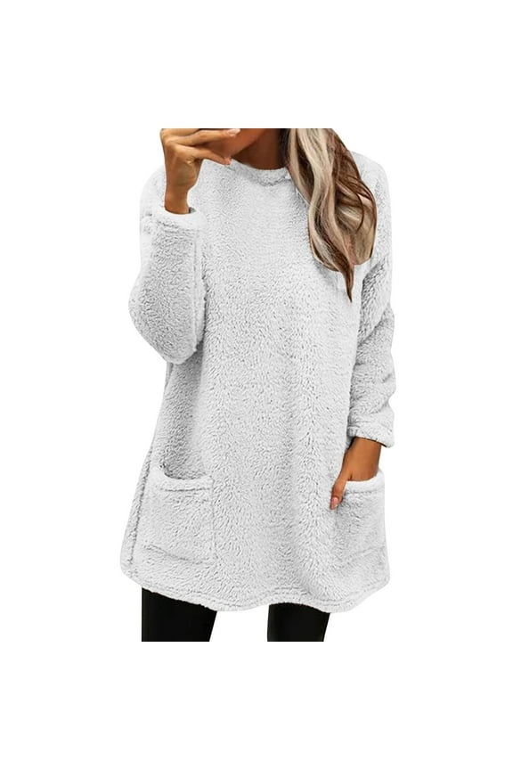 Sweaters For Women Winter Warm Sweater Coat Fleece Thickening Plus Size Loose Jacket With Pockets Polyester White Size S-3Xl Oversized Sweaters For Women