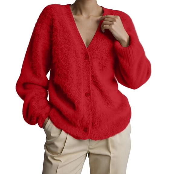 Sweaters for Women Women's Knitted Cardigan Loose Fit Casual Elegant V Neck Sweater Lightweight Comfortable Long Sleeve Open Front Coat for Ladies Red M
