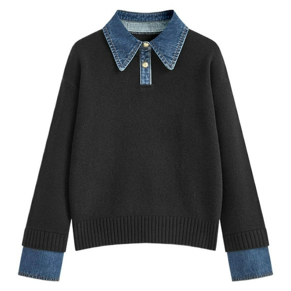 Sweaters for Women, Women's Pullover Sweater Casual Loose Knit Top Collar Denim Trim Elegant Versatile Shirt Style Comfortable Soft Yarn, Sweater(Black,One Size)